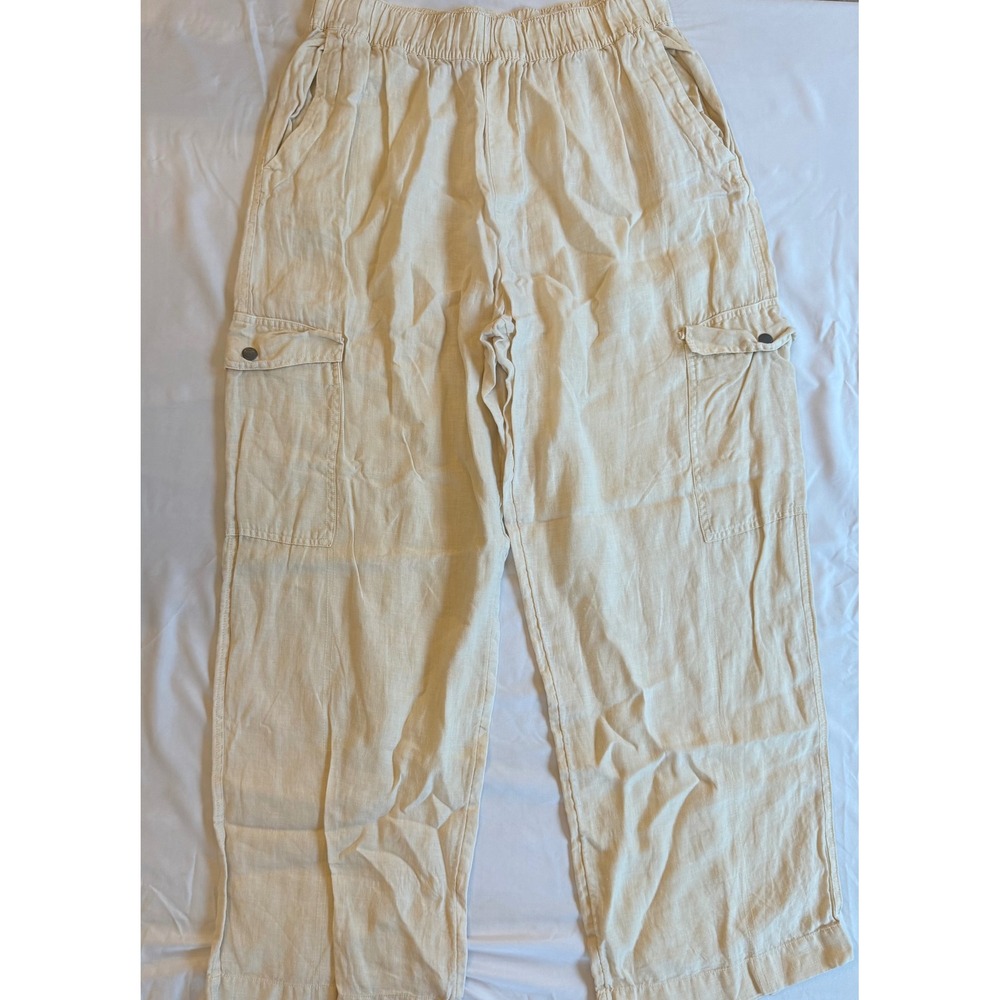 C&C California Cargo Pants Large Beige 100% Linen Elastic Waist Coastal Boho